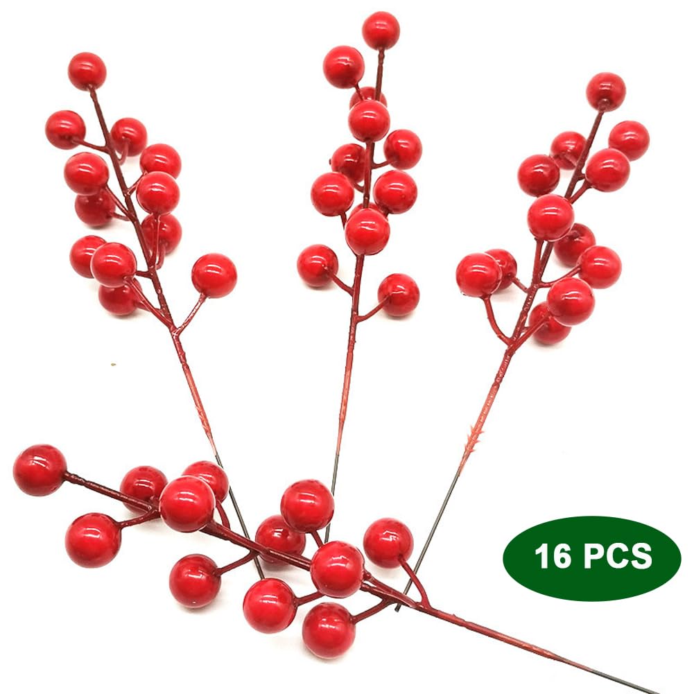 Christmas Artificial Holly Berries, 16 Pieces Red Artificial Berry Stem Ornaments, 8 Inche Artificial Red Berry Stems, Red Berries for Christmas Tree, DIY Xmas Wreath, Holiday and Home Decoration - Image 2