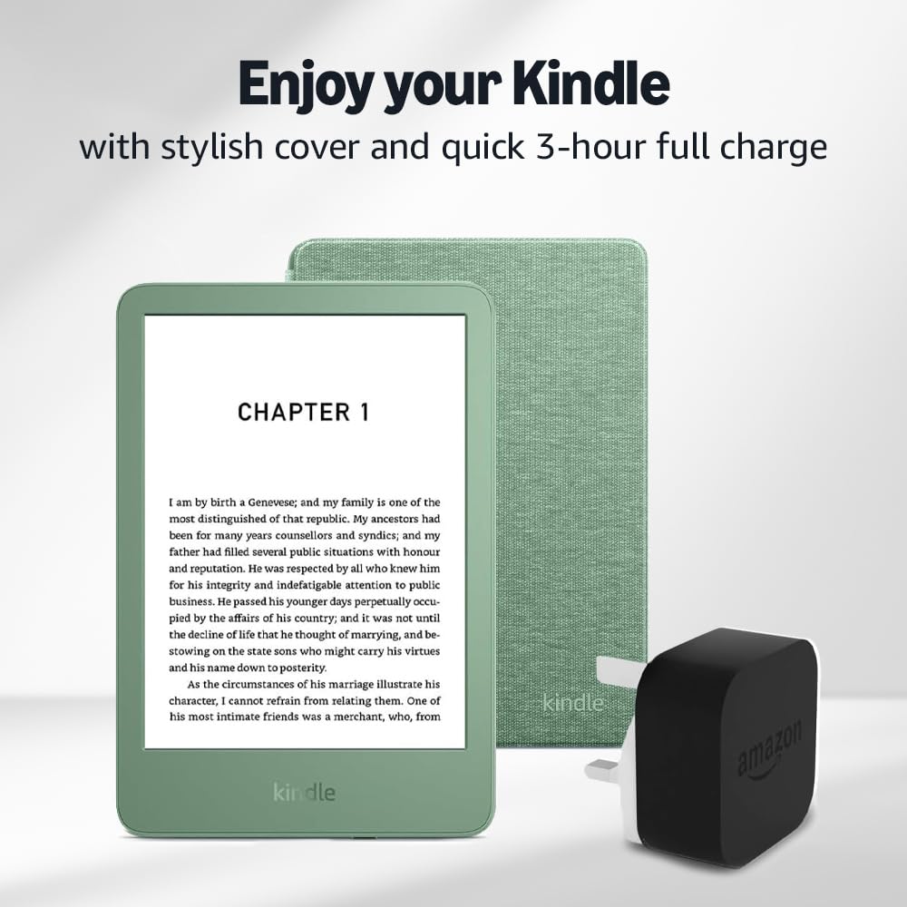 Kindle (2024 Release) 16 GB with ads, an Amazon Fabric Cover and an Amazon Powerfast 9W Power Adapter