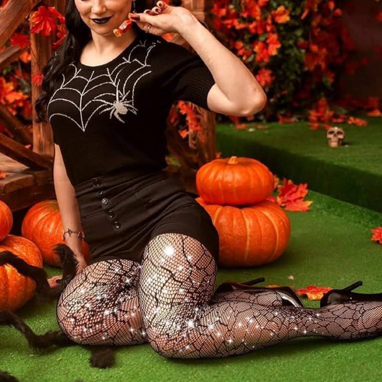 WEANMIX Spider Web Patterned Sparkle Rhinestone Fishnet Tights Plus Size Thigh High Pantyhose Black Stockings for Halloween Women - Image 2