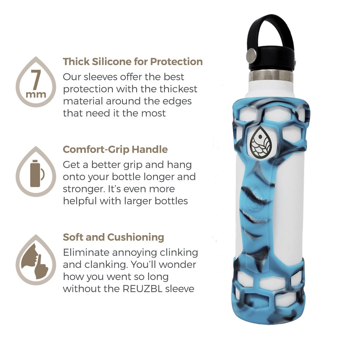 REUZBL Silicone Water Bottle Sleeve with Handle, 53.3ml, 24oz 81.3ml, 101.6ml