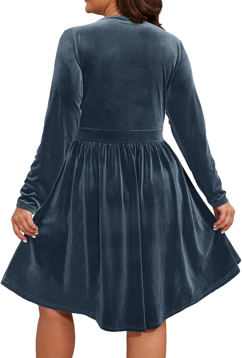 Women’s Plus Size V Neck Velvet Dress Long Sleeve Wrap Empire Waist Midi Dress for Wedding Guest - Image 3