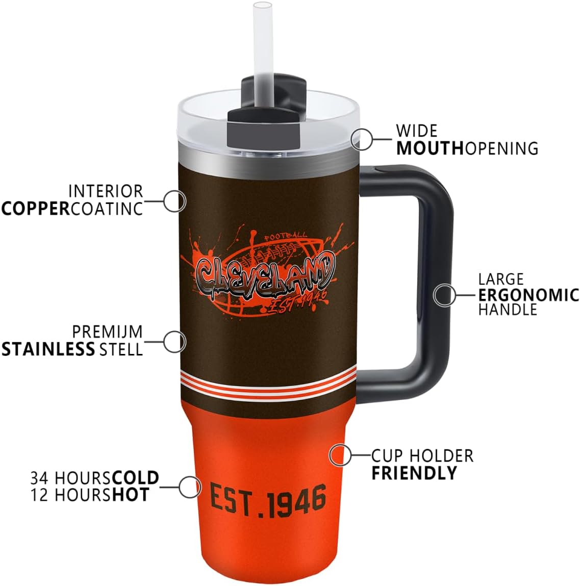 Cleveland 30 oz Tumbler with Handle and Straw,Car cup,Coffee Mug,100% Leakproof Insulated Tumbler with Lid and Straw,Made of Stainless Steel,Cup Holder Friendly Base,Classic Collection Gifts for Fans