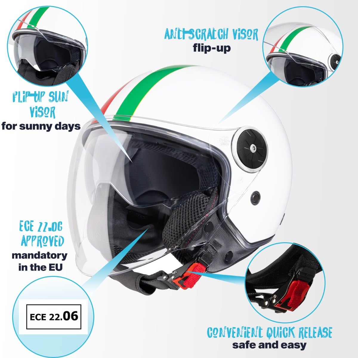 VINZ Neiva Casco Jet con Doble Visera | Casco Scooter & Moto & Ciclomotor | con Visera Solar & Bandera Italiana | ECE 22.06 Homologado | En Tamaño XS - XXL | para Hombre y Mujer