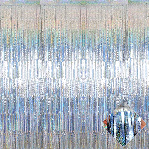 Image of 4 Pack 3.2Ft x 8.2Ft Silver Foil Fringe Curtain Backdrop, Metallic Tinsel Foil Fringe Streamers Curtains Background for Photo Booth, Birthday, Wedding, Disco, Bachelorette, Christmas Party Decoration