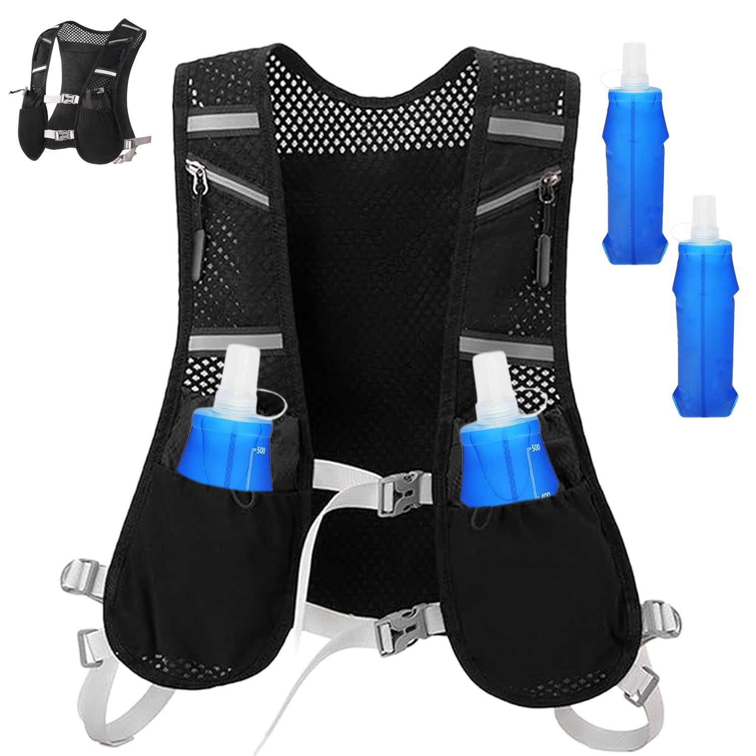 Gilet Hydratation réglable avec 2 flacons Soft de 500 ML, trail pour marathon, cyclisme, randonnée, running, femme et homme