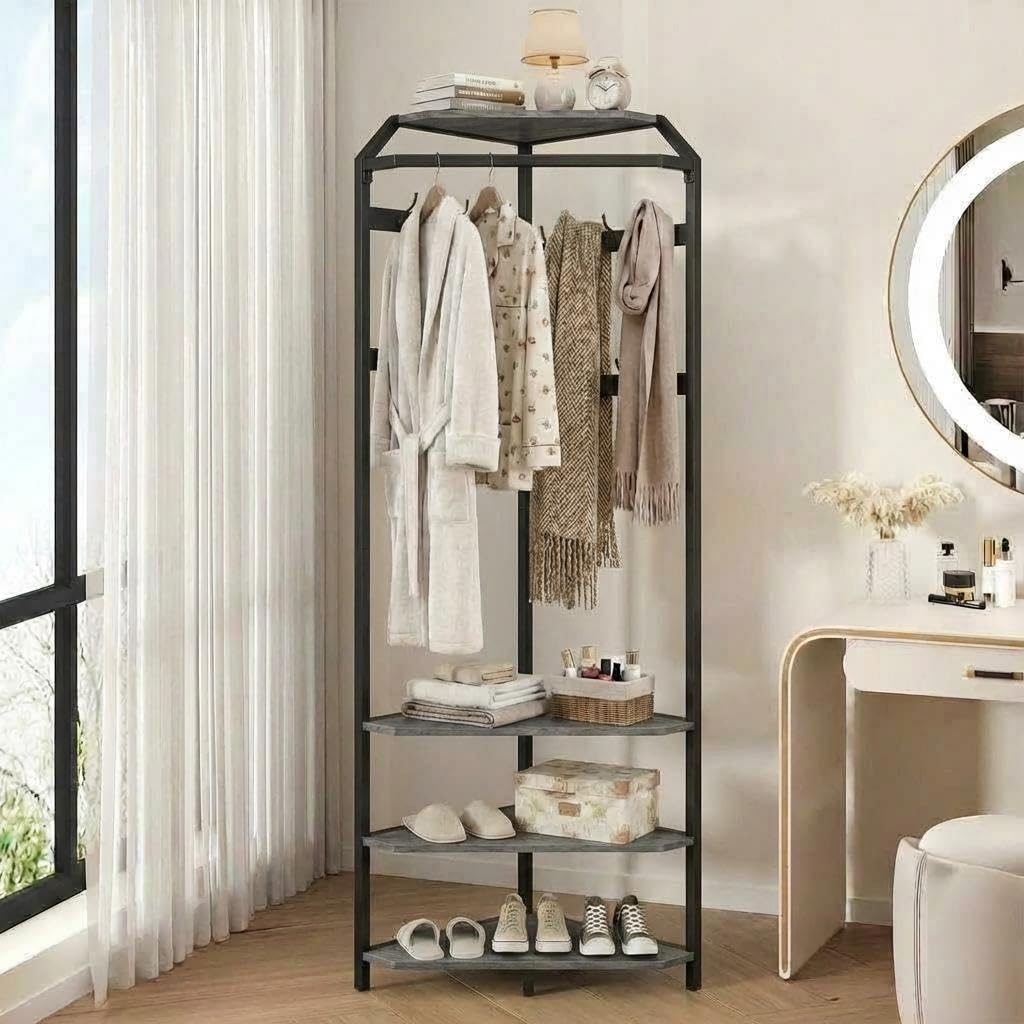 Jollytop Grey Coat Rack, Corner Hall Tree With 4 Storage Shelves Clothes Rack With 12 Hooks 4-In-1 Coat Stand For Bedroom, Living Room, Hallway, Entryway,