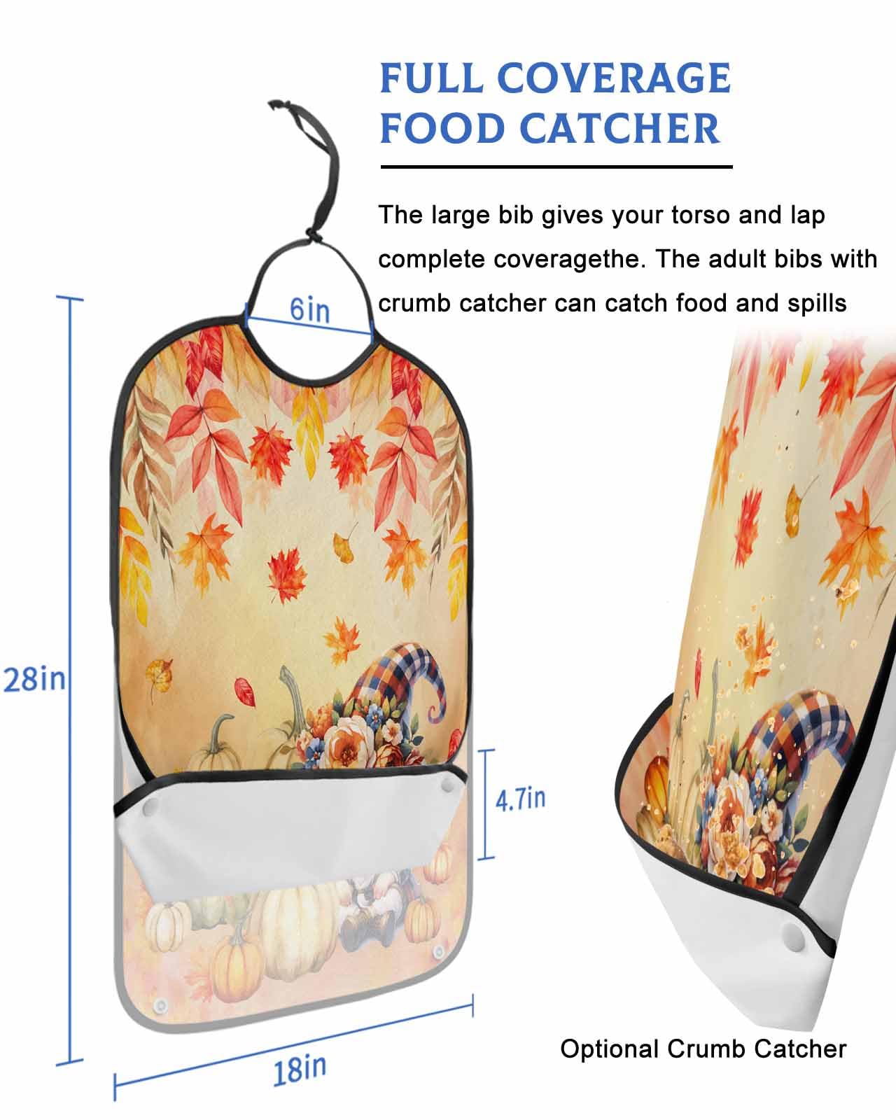 LEOKOTI Orange Red Gnomes Thanksgiving Adult Bibs for Eating, Waterproof Bibs with Food Catcher & Adjustable Snap Closure, Pumpkins Leaf Fall Washable Clothing Protectors Adult Bibs for Elderly