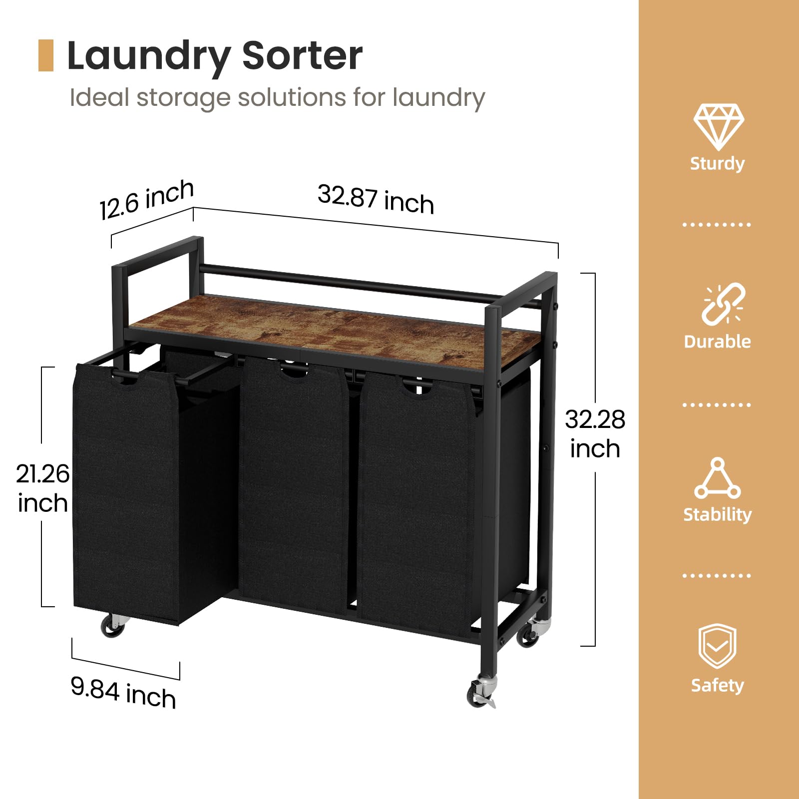 SwaaVee Laundry Hamper, Laundry Basket, Laundry Sorter with 3 Removable Bags, Clothes Basket with 3 Compartments, Wheels, Shelf for Laundry Room Bathroom Bedroom (3 Bags-Black)