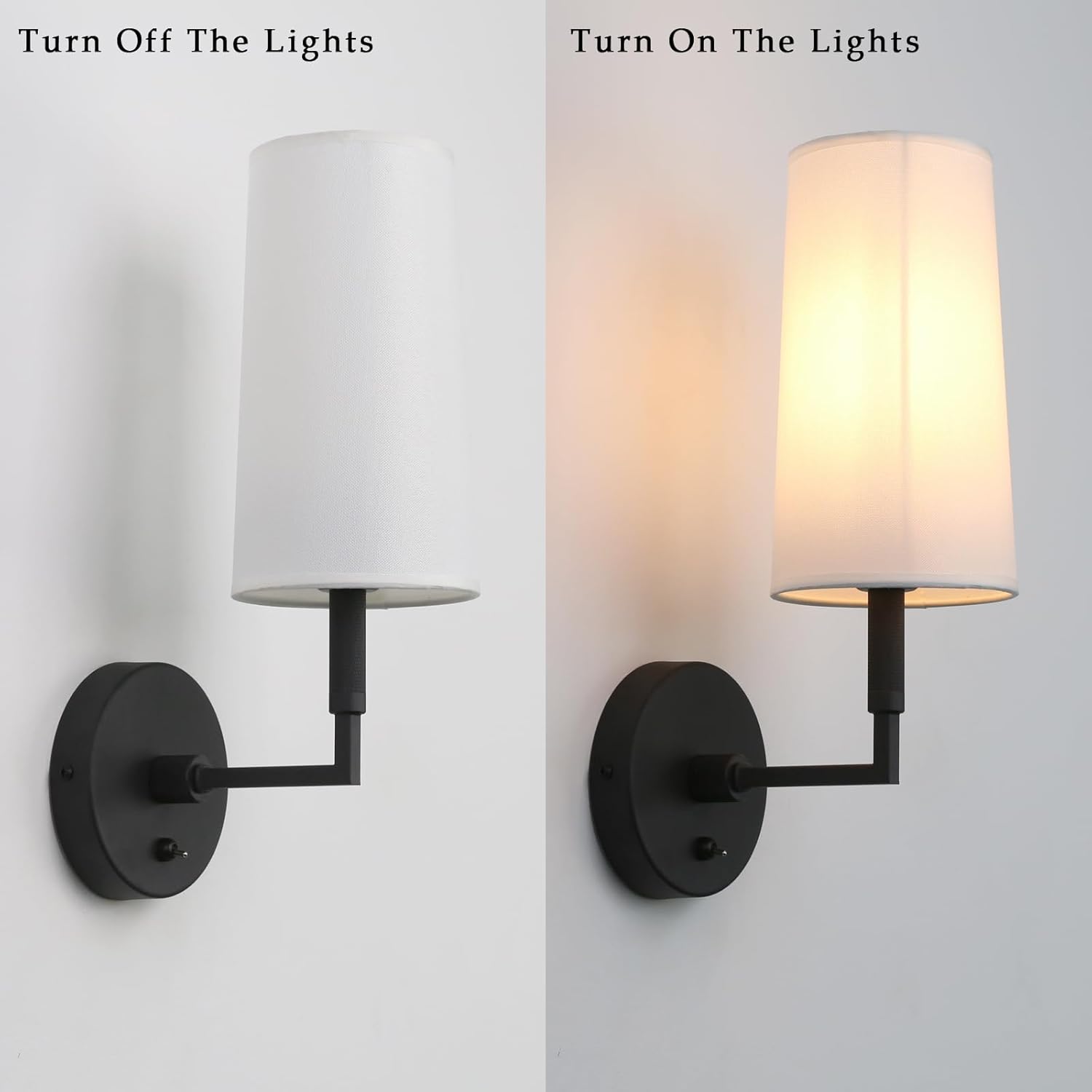 Phansthy Wall Sconces Sets of 2, Retro Industrial Wall Lamps with Switch, Bathroom Vanity Sconces Wall Lighting with White Fabric Shade for Bedroom Living Room Corridor Kitchen (Black 2 Pack)