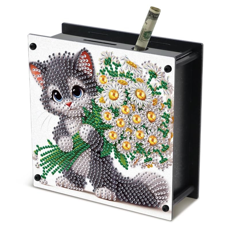 Kit art diamant adulte et tirelire numérique chat 14x14 cm, idée cadeau originale et utile