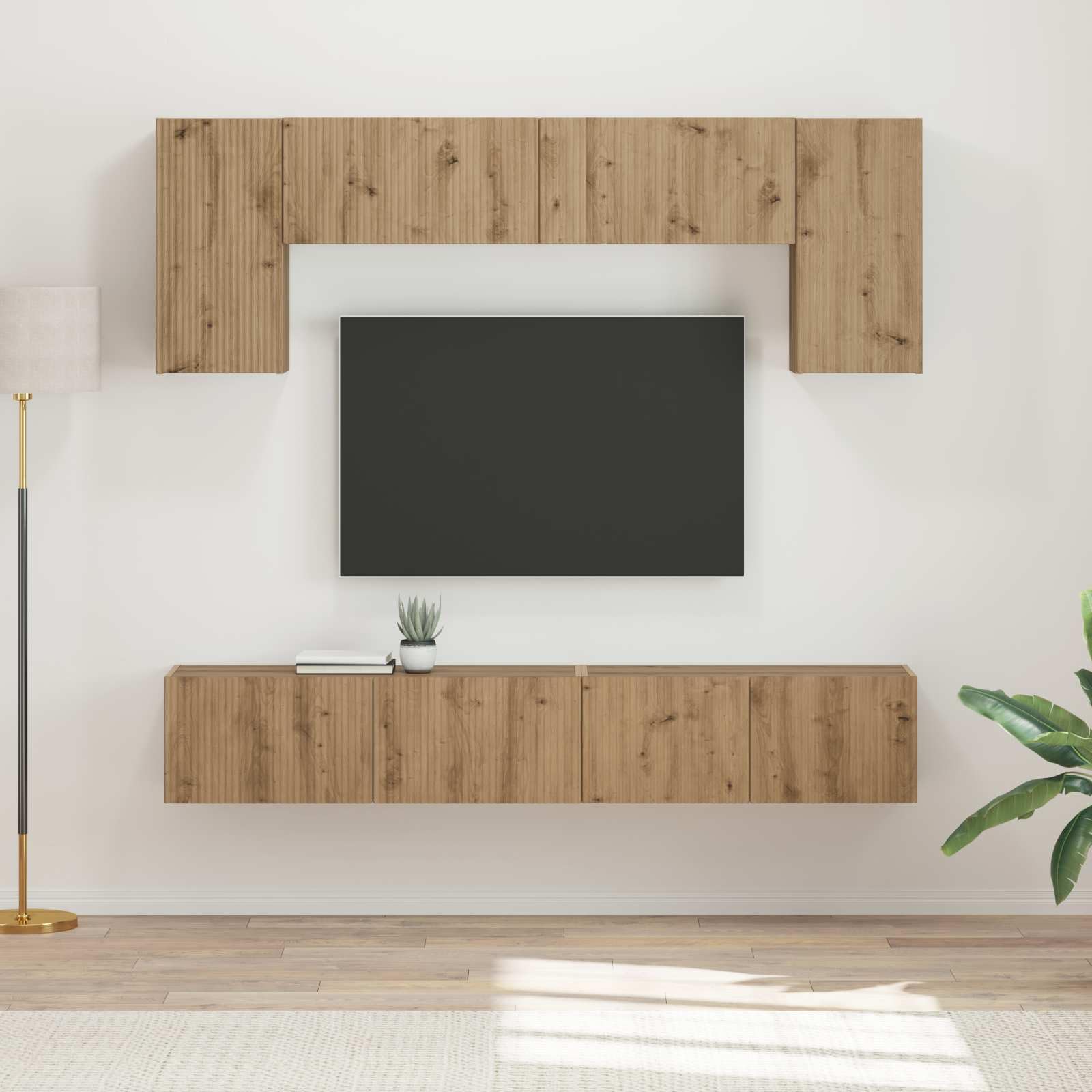 TV-Schrankset Wandmontiert 5-teilig, Hochglanz Weiß Holzwerkstoff, Modernes Media Center für Wohnzimmer, Schlafzimmer, 98x31x29.5cm, mit Stauraum