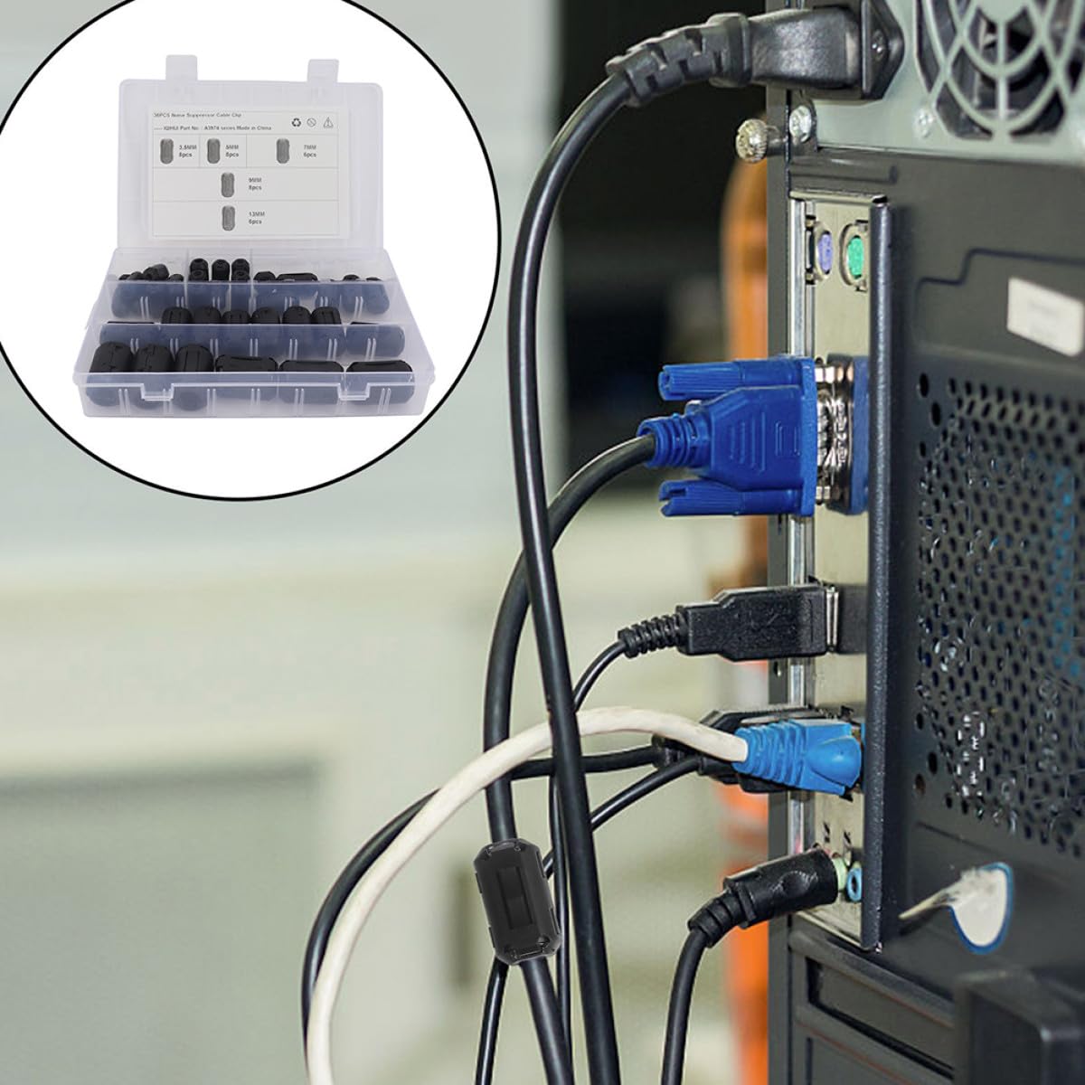 Healeved 36pezzi Filtri Antirumore con Nucleo in Ferrite Rimovibile Clip Autoadattante per Cavi Alimentazione USB Audio e Dati Riduzione Interferenze Elettromagnetiche Facile Installazione