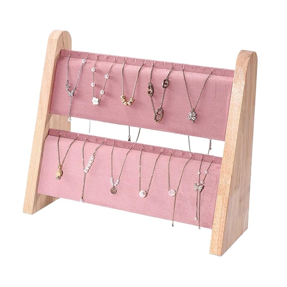 FAJNUZI2024 Jewellery Display Stand 2-Tier Wooden Jewelry Display Stand with Velvet Layer for Necklaces Earrings Bracelets(Pink)