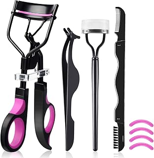 Eyelash Curler , HOCOSY 4 in 1 Eyelash Curlers Kit for Women Includes Lash Curler, Eyelash Brush, Eyelash Extension Tweezers, Eyebrow Brush and Comb, Silicone Refill Pads for Natural Eyelashes