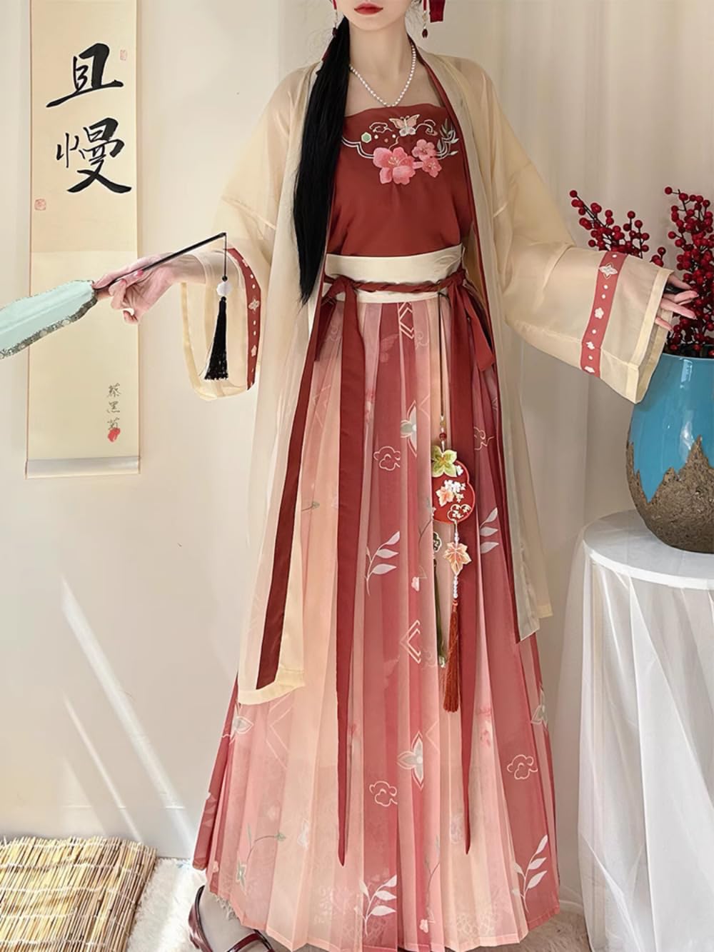 Tradycyjny starożytny chiński kostium Hanfu sukienka w stylu piosenki Hanfu damska czerwona plisowana spódnica z satynową pończochą styl narodowy
