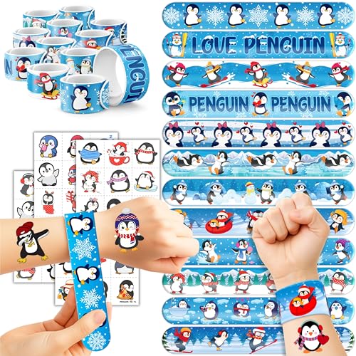 Cherisnowy 72PCS Winter Penguin Party Favors Tattoos & Slap Bracelets Decor