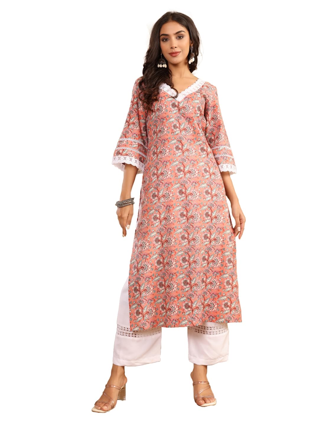 Varanga Women Ethnic Floral Printed Flared Sleeve Kurta Orange