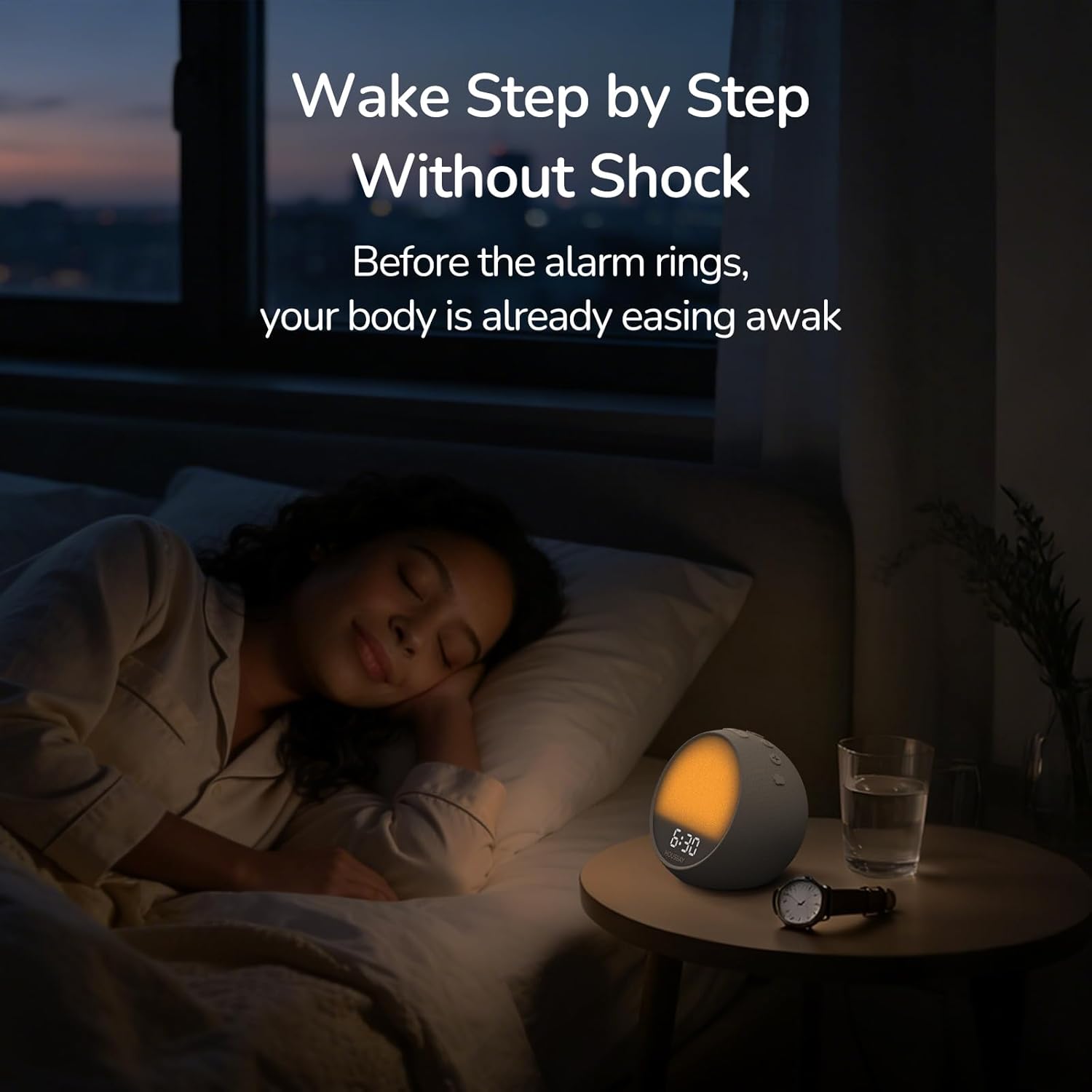 HOUSBAY MINI Sunrise Alarm Clock with Sound Machine, Rhythm Wake-Up Light, White Noise for Sleeping, Compact Phone-Free Bedrooms Clock, Putty