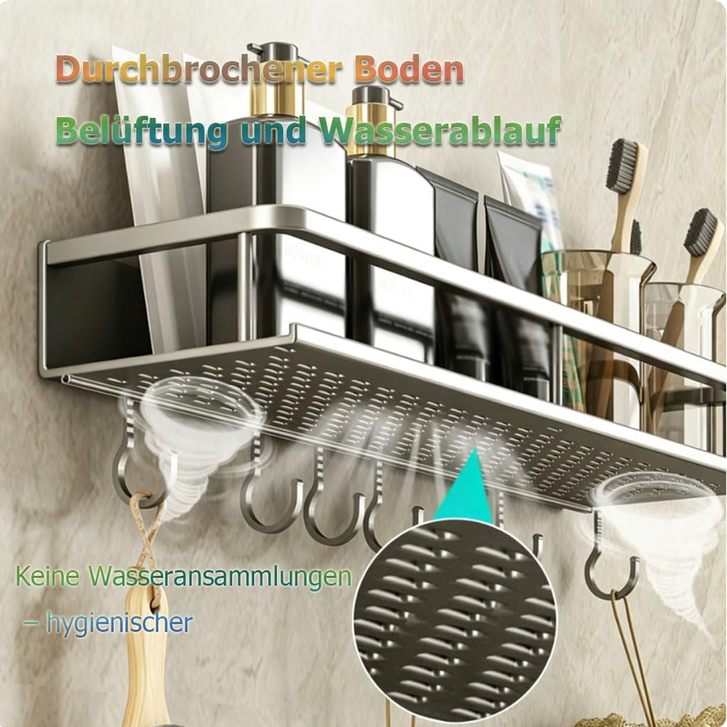Estante de Ducha sin Taladro, Organizador de baño con Ganchos y toallero, Estante de Pared para Ducha con Drenaje para Ducha, Cocina y baño de Invitados,1etage,60cm