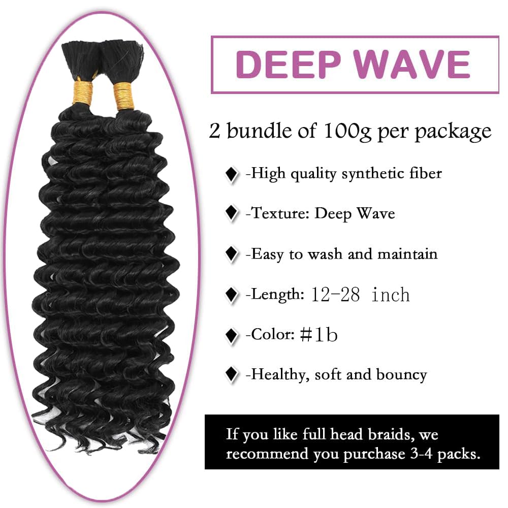 Gsoroel Deep Wave Human Braiding Hair #1B Natural Black Color Weave 2 Bundles Total 100g Unprocessed No Weft Boho Braids Human Hair Extensions 20 20 Inch - Image 3