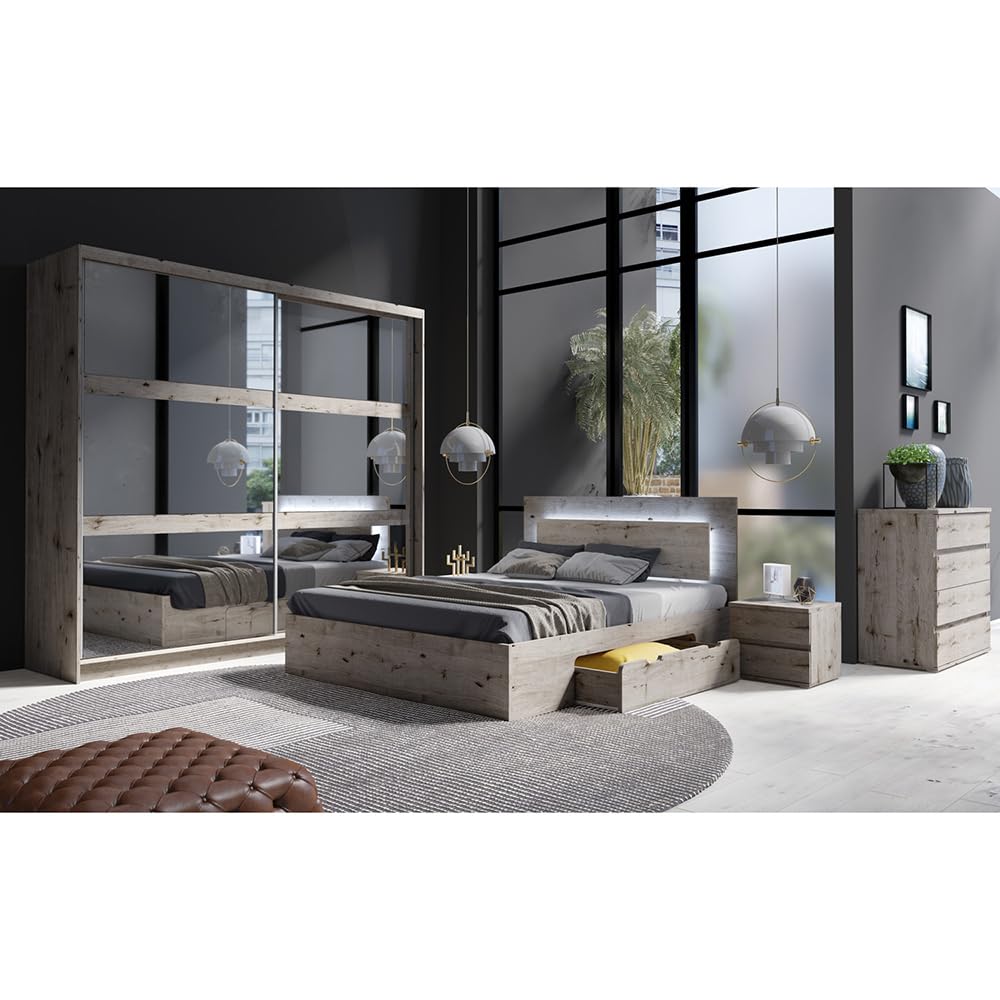 Lomadox Schlafzimmer Set 5-teilig mit Bettgestell 180x200cm, Schwebetürenschrank, Kommode, 2 Nachttische in braun Wellington Eiche Nb.