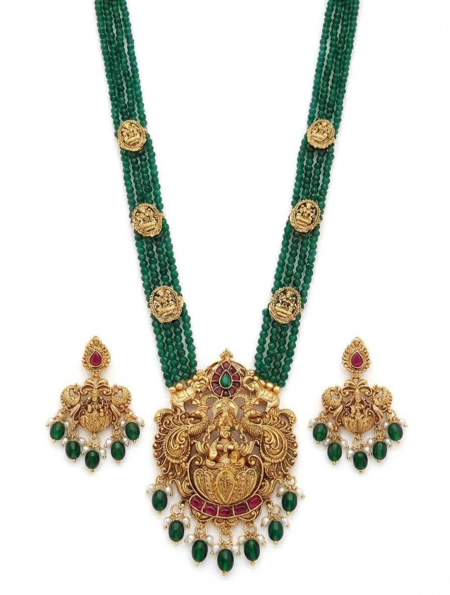 Traditional Temple Jewellery Set for Women - Antique Gold Plated Long Haram Necklace with Goddess Lakshmi Pendant, Green Onyx Beads, and Matching Jhumka Earrings - Ethnic South Indian Bridal Jewelry for Saree