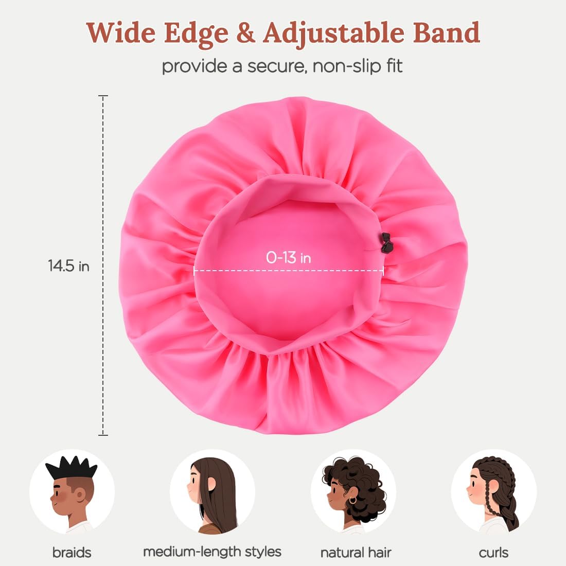 2Pcs Bonnet for Sleeping Women, Satin Adjustable Silk Hair Bonnet for Sleeping, Wide Band Sleep Caps for Curly Hair, Black & Rose Red