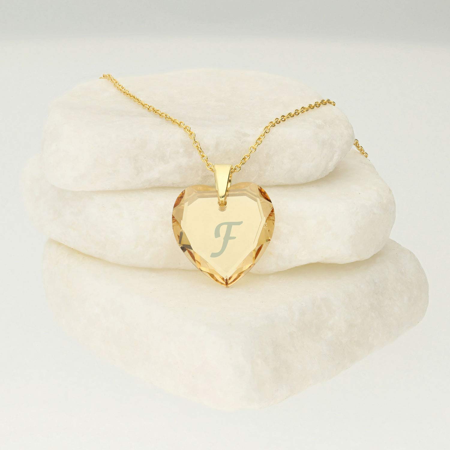 Damen Halskette 925 Silber vergoldet mit SWAROVSKI ELEMENTS Herz Anhänger und Buchstabengravur A - Z, Herzkette als Geschenk für die Frau, Freundin oder zum Valentinstag