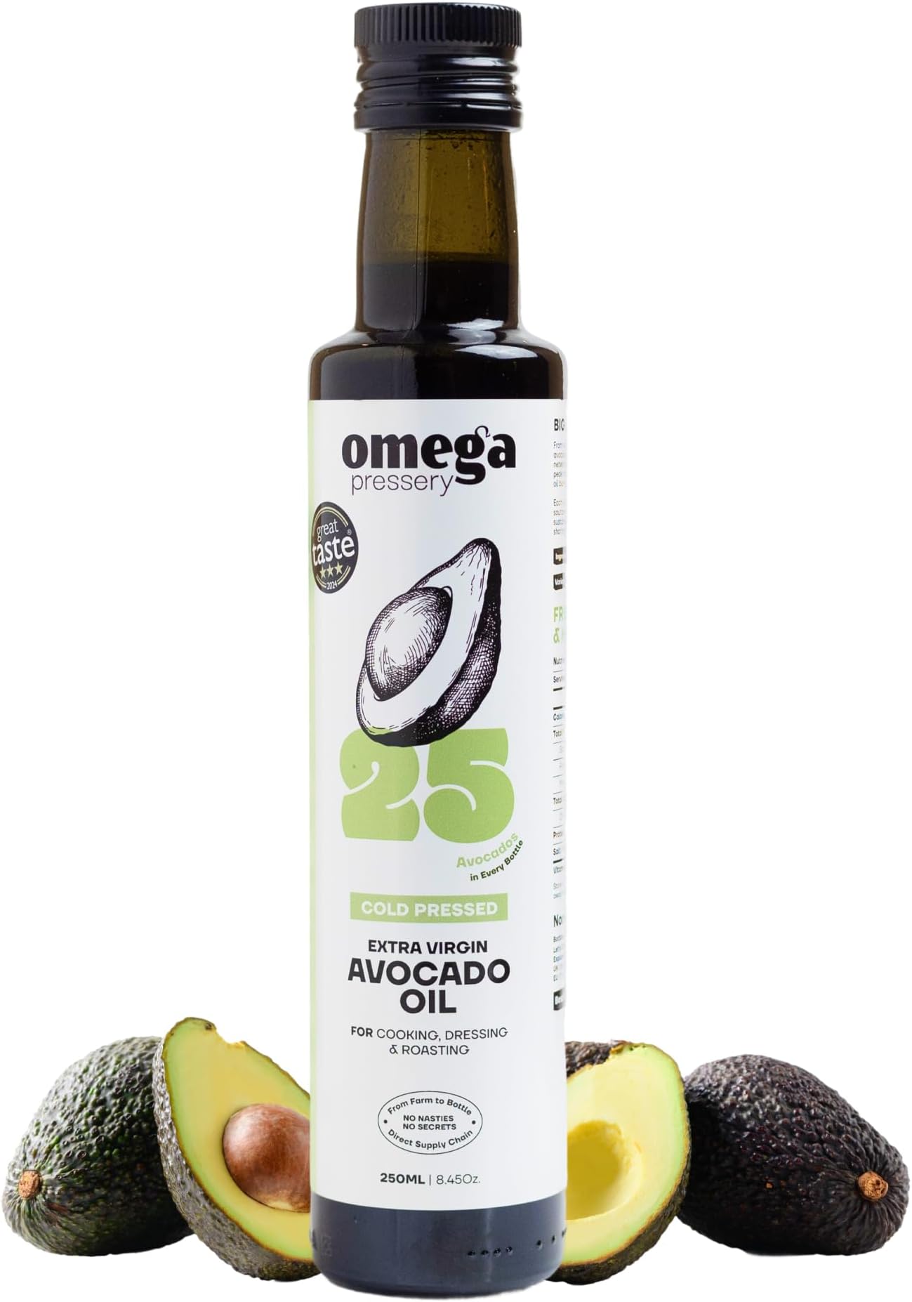 Omega Pressery Premium Extra Virgin Avocado Oil for Cooking - 250ml | Cold Pressed, Unblended, Unrefined | High Smoke Point 240°C | 3 Star Great Taste Award | Light Frying, Roasting, Baking & Dressing
