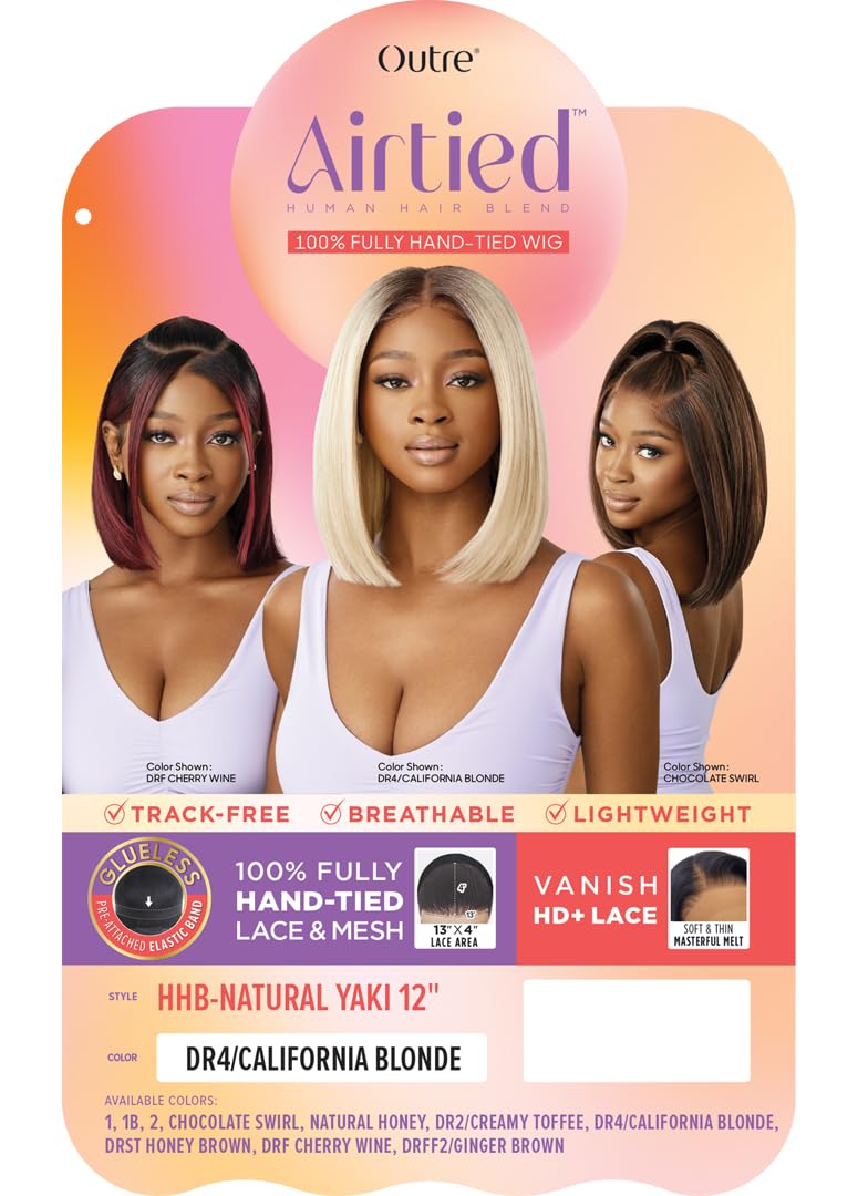 Outre Airtied 100% Fully Hand-Tied Wig - Human Hair Blend - Natural Yaki 12" (DR4/CALIFORNIA BLONDE)