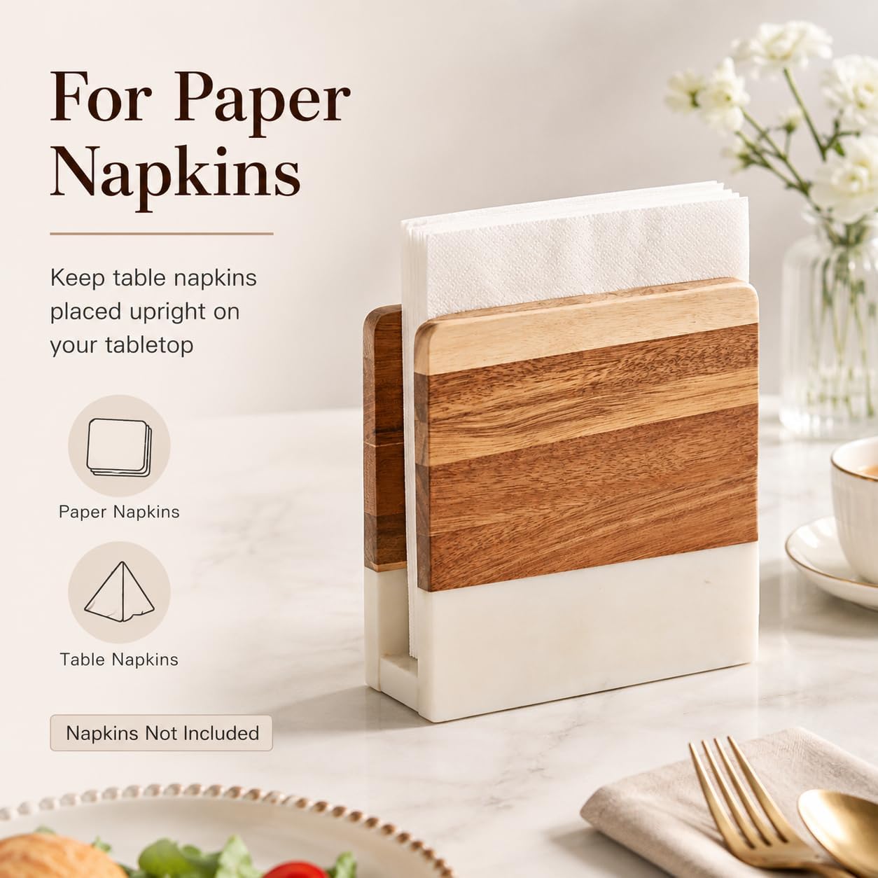 Marble Paper Napkin Holder with Wood Panels for Table, 1 Pack
