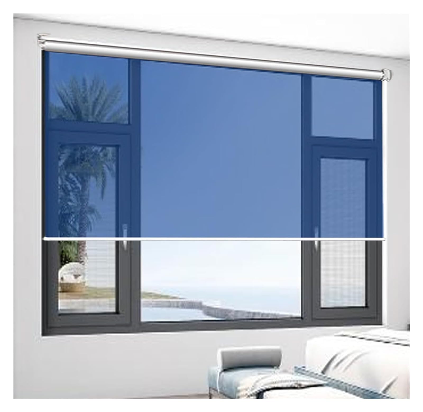 Generic Reflective Window Shade Pull Down See Through Blue Tint Film Anti UV Sunshade Blinds Drape For Bedroom Living Room Home Wide 50-150cm(150x230cm)
