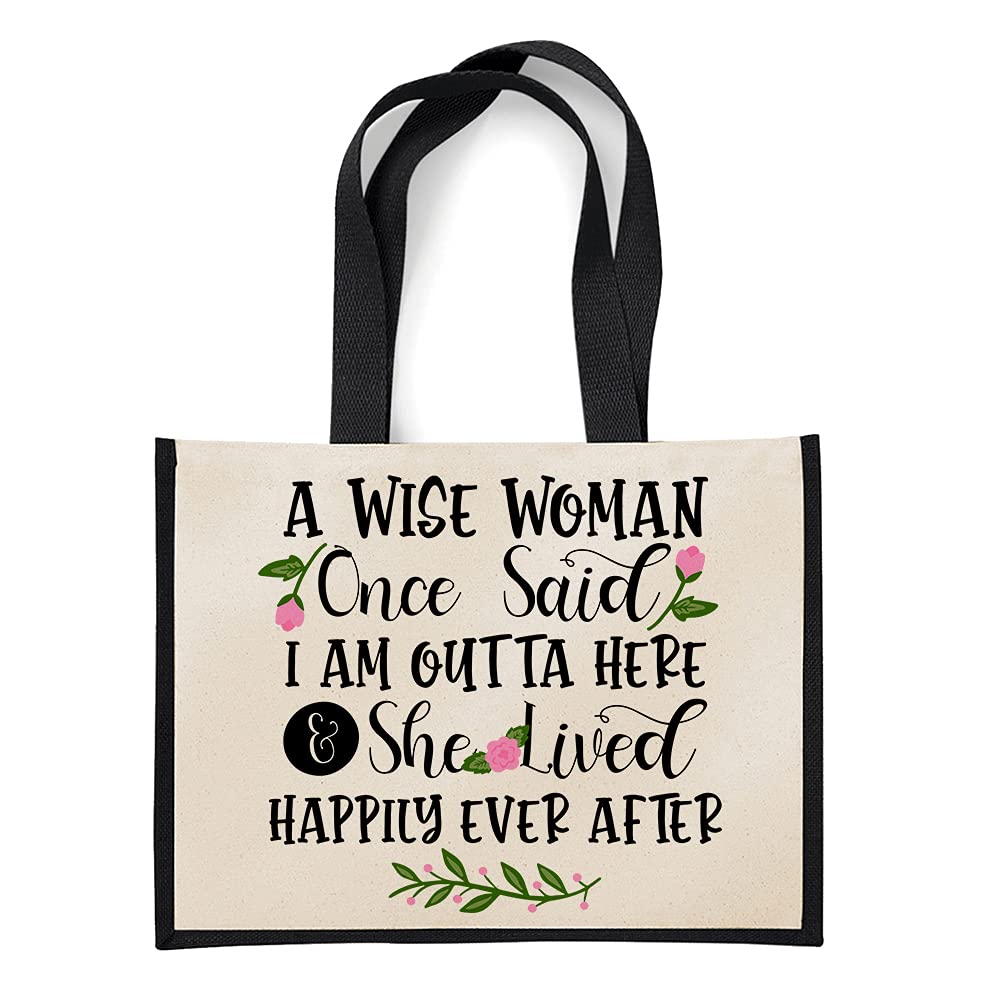 A wise woman once said I'm out of here funny Present for colleagues, Friends, Coworker, Office Leaving gifts for her, women, Reusable Bag, Shopping Bag, Canvas Jute Bag. (Black)