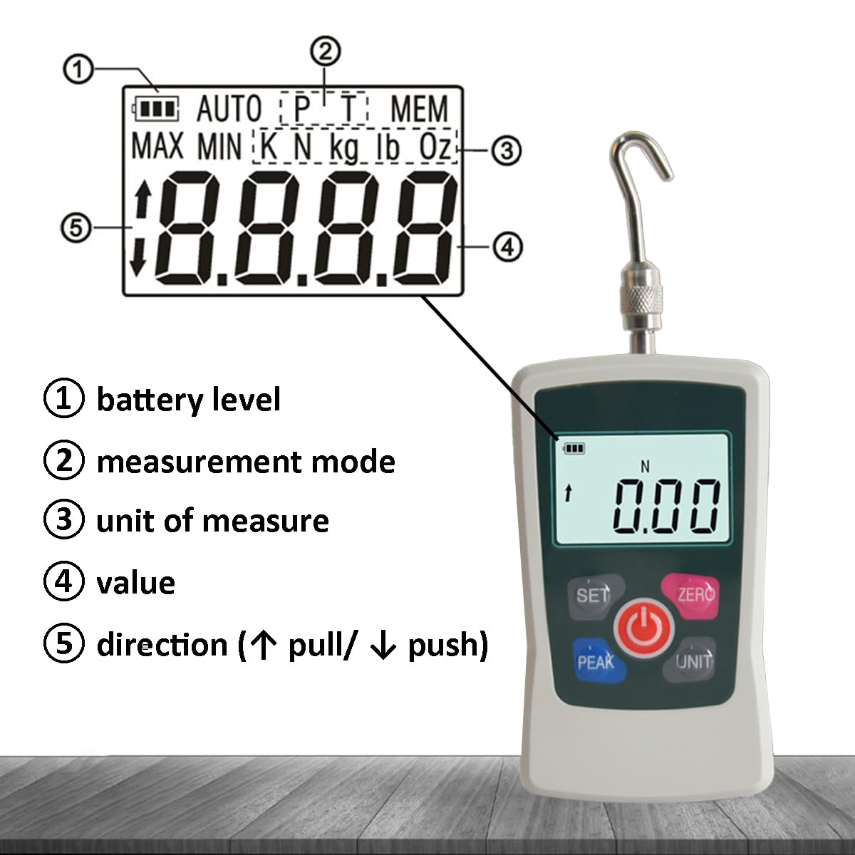 AMF 100N - Misuratore di potenza digitale, con 3 modalità e 4 controlli di pressione, leggibilità 0,2 N
