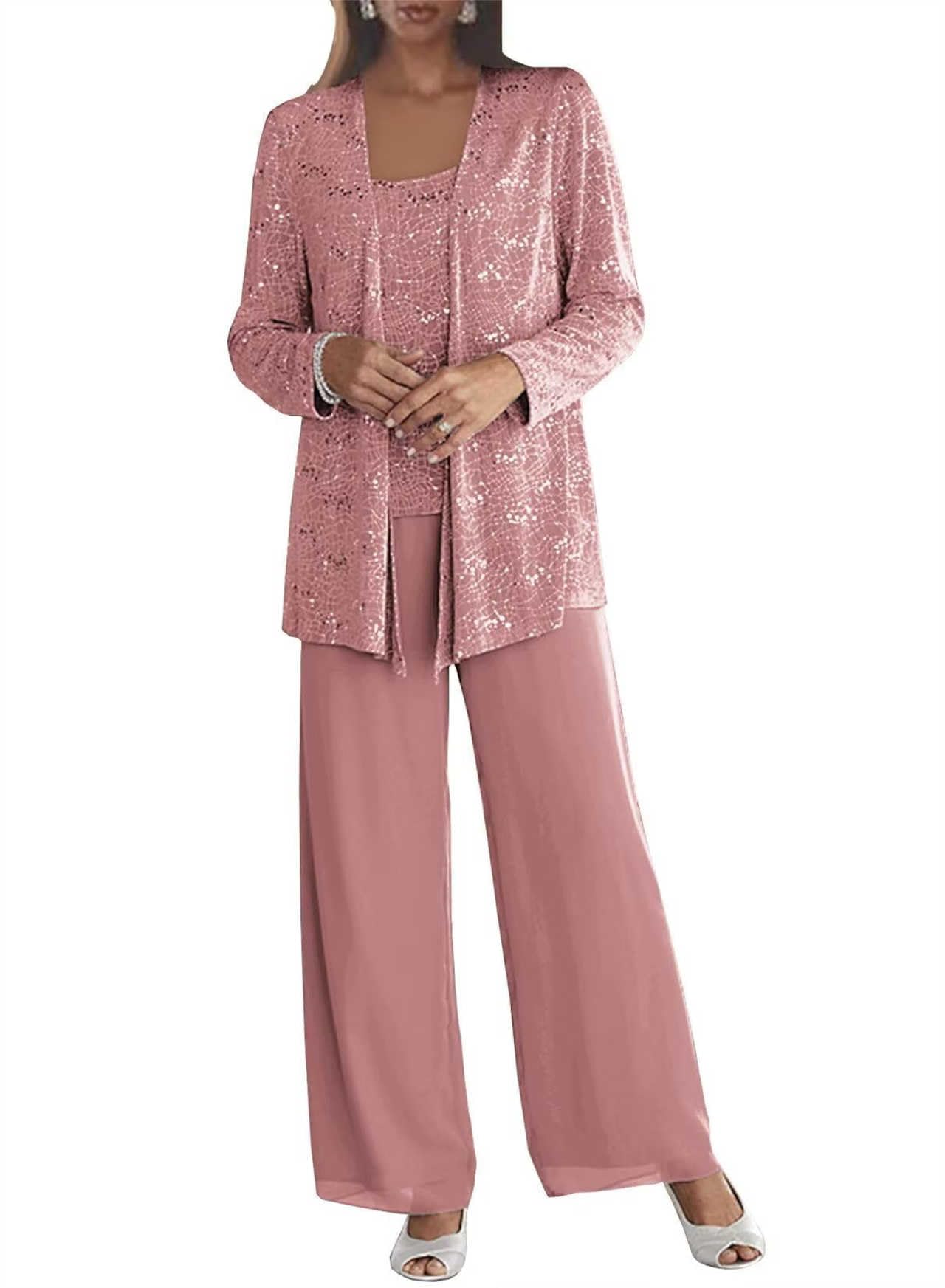 Chiffon 3 Pieces Mother of The Bride Pant Suits with Jacket Sequin Grandmother of The Bride Pant Suits