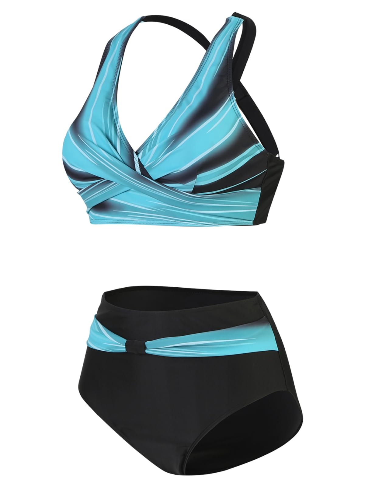 Set Bikini Donna Donne Teal Colore Chiaro Blocco Due Pezzi Incrociare Avvolgere Halter Alta Vita Addominale Controllo Costume da Bagno per La Spiaggia PisChina