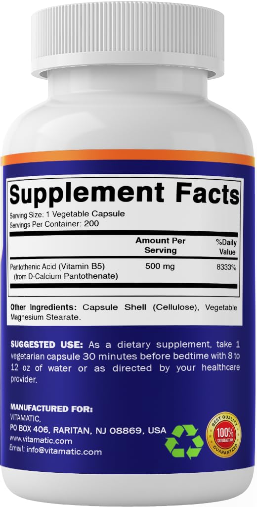 Vitamatic Pantothenic Acid (Vitamin B5) 500 mg, 200 Vegetarian Capsules — Amazon image 8