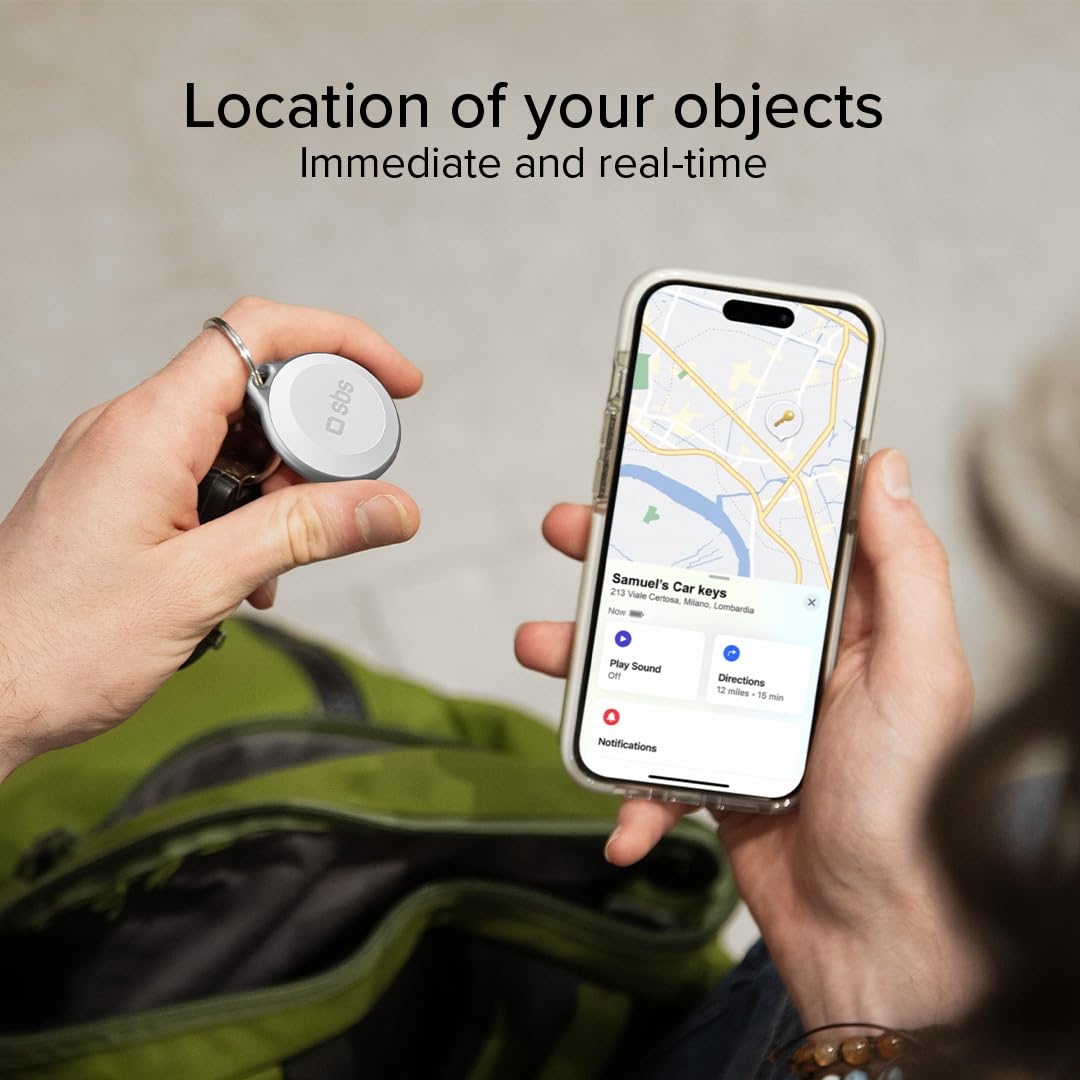 SBS Track My Circle - Localizzatore Chiavi e Oggetti Compatibile con Apple Dov’È, Suono Allarme 100 dB, Pronto all'Uso con Batteria CR2032 Inclusa, Impermeabile IP65, con Foro Portachiavi, Bianco