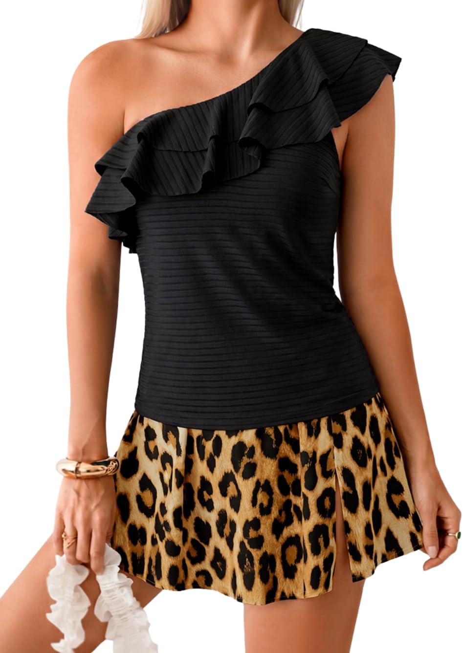 ChiaoLezhee Ruffle Tankini Skirt Sets, One Shoulder Full Coverage, Beach Vacation, Modest 2 Piece Swim Dress Color Block