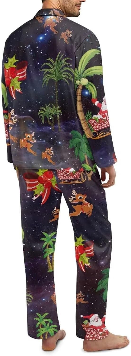 AmzPrint Snowman Candy Cane Print Christmas Black Pajamas Men Lightweight Button Down Pajamas Men Set