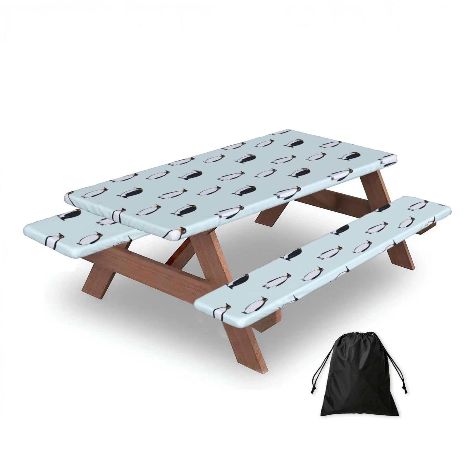 Dopklna As Picture Penguin, Picnic Table Cover With Bench Covers -Waterproof Elastic Fitted Tablecloth For Garden Camping Patio 76X152cm