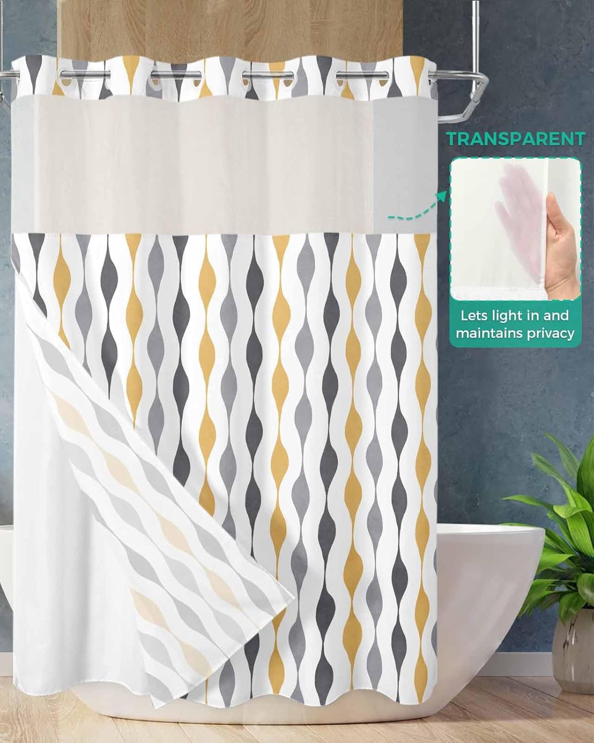 No Hook Shower Curtains, Yellow Grey Stripes Stall Bathroom Curtain with Snap in Liner, Modern Abstract Geometric Waterproof Washable Fabric Bathroom Shower Curtain Sets, 48" x 72"