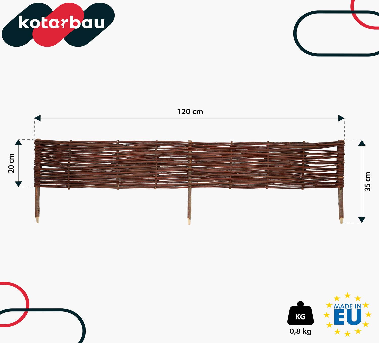 KOTARBAU® 10 pezzi Staccionata in Legno per Giardino - Recinzione in Vimini - 120 x 20 cm - Marrone - Staccionata Giardino Esterno - Steccato in Legno - Decorazione Da Esterno