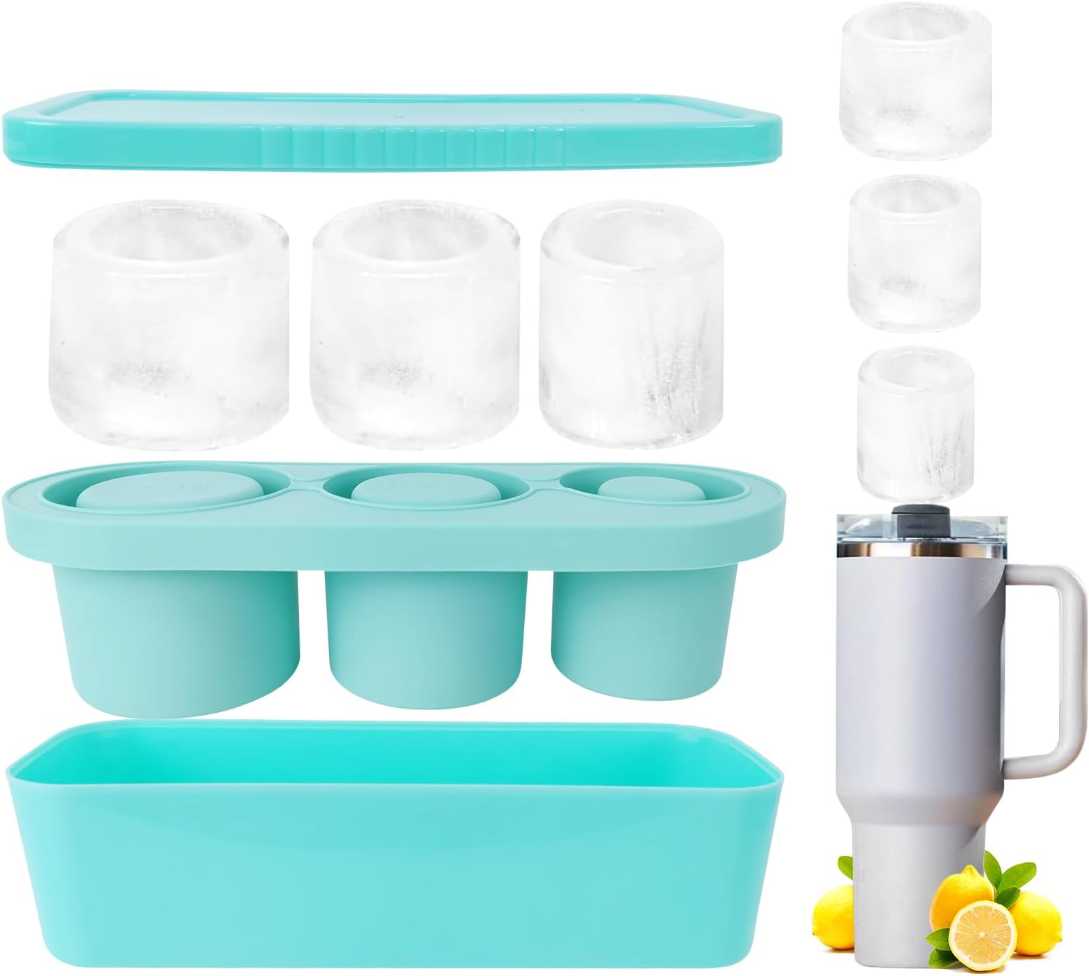 Ice Mold Tray for Stanley Cup,Ice Cube Trays with Lids for 20/30/40 oz Tumblers,Silicone Stanley Cup Ice Mold for Making 3 Hollow Cylinder Ice Molds for Chilling Whiskey Cocktail Drink Coffee