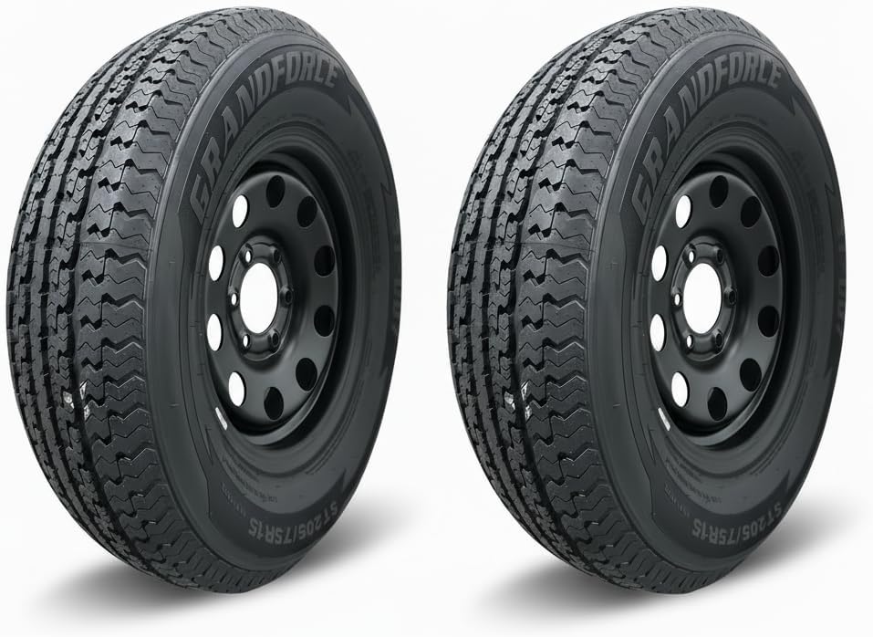 2PCS GRANDFORCE GF007 Trailer Tires ST205/75R15 8PR on 15x6 6x5.5 Black Mod Wheels