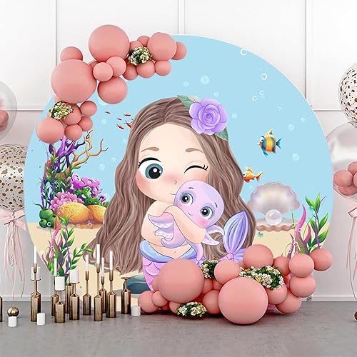 Miniatura 3 de AWERT Telón de fondo redondo de poliéster de 5 pies de diámetro con tema de sirena oceánica para fotografía de niña, princesa, fiesta de primer y