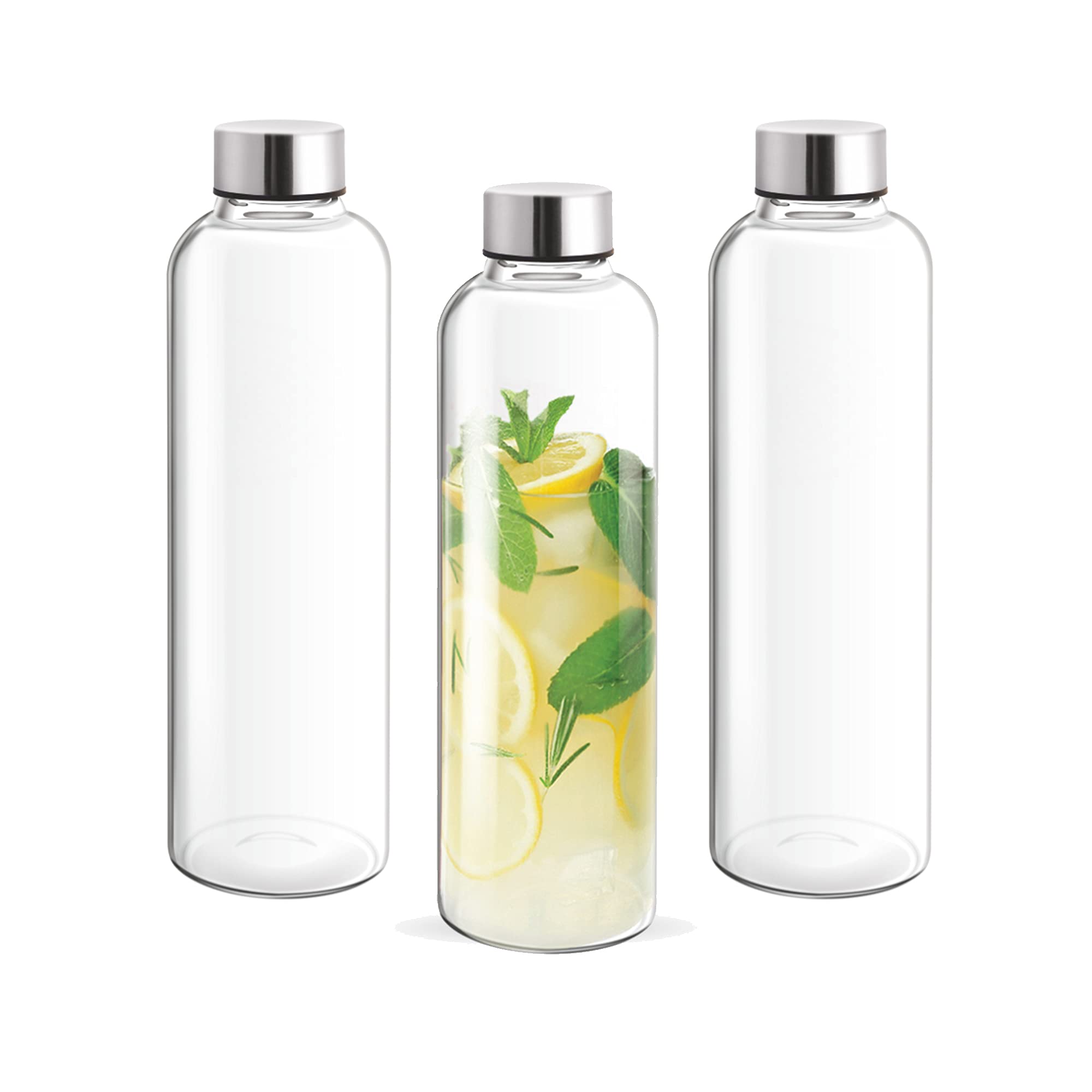 Treo by Milton Clarion Borosilicate Glass Fridge Water Bottle Set of 3 with Leak-Proof Airtight Stainless Steel Lid, 750 ml, Transparent for Hotel, Travel, Office, Home