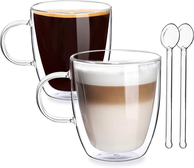 Joeyan 400ml Double Walled Glass Coffee Mug - Set of 2 Large latte glasses with Spoons - Double Insulated glass coffee cups with handle for Hot and Cold Drink