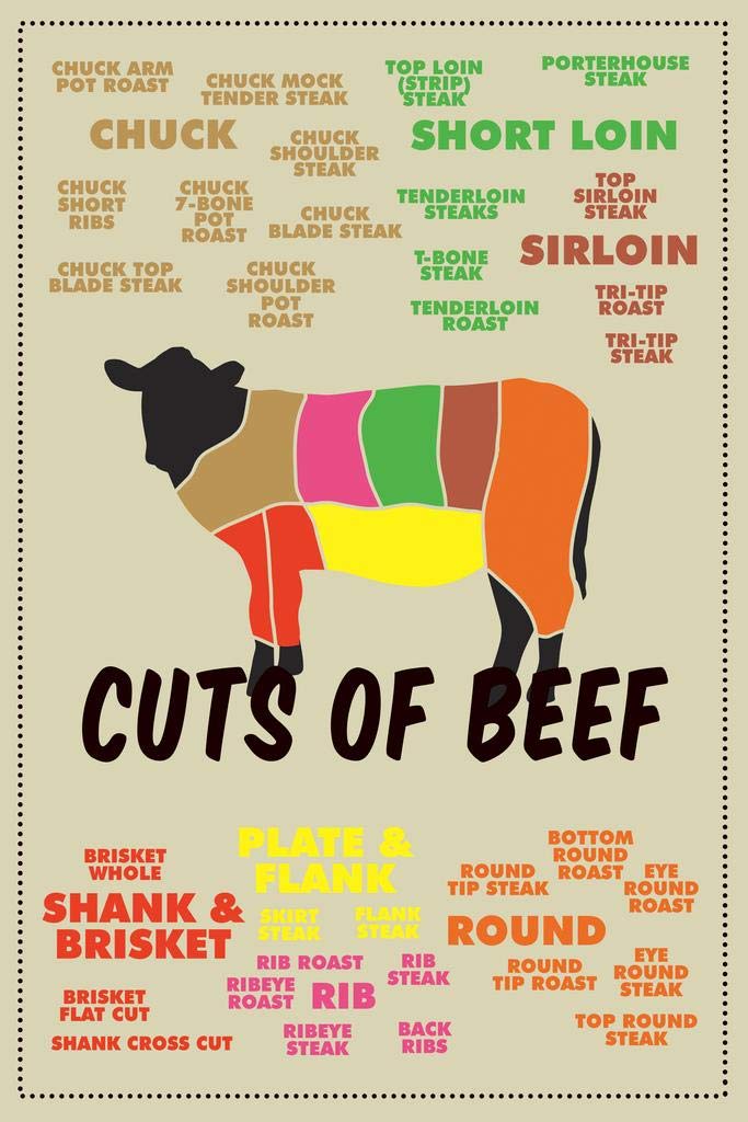 Laminated Cuts of Beef Meat Color Coded Chart Butcher Light Cow Diagram Cow Pictures Wall Decor Cow Pictures Food Picture of a Cow Prints Wall Art Cow Poster Dry Erase Wall Art 16x24
