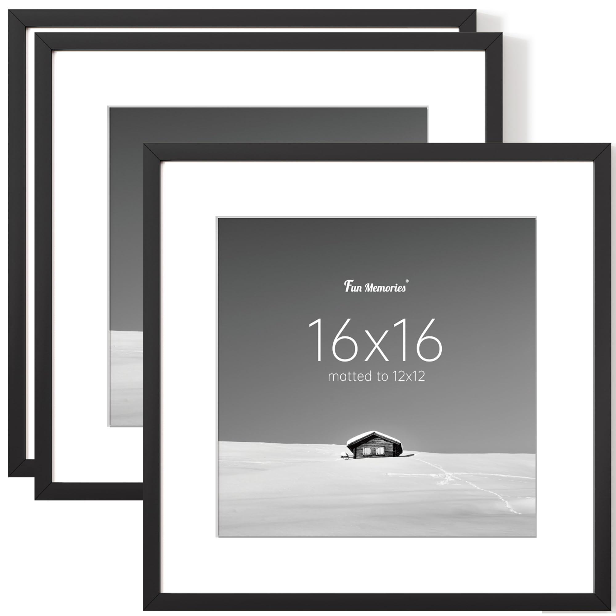 Fun Memories Picture Frame Set of 3, Display Pictures 12x12 with Mat or 16x16 Without Mat, Poster Frame for Wall Hanging Horizontally and Vertically, Black